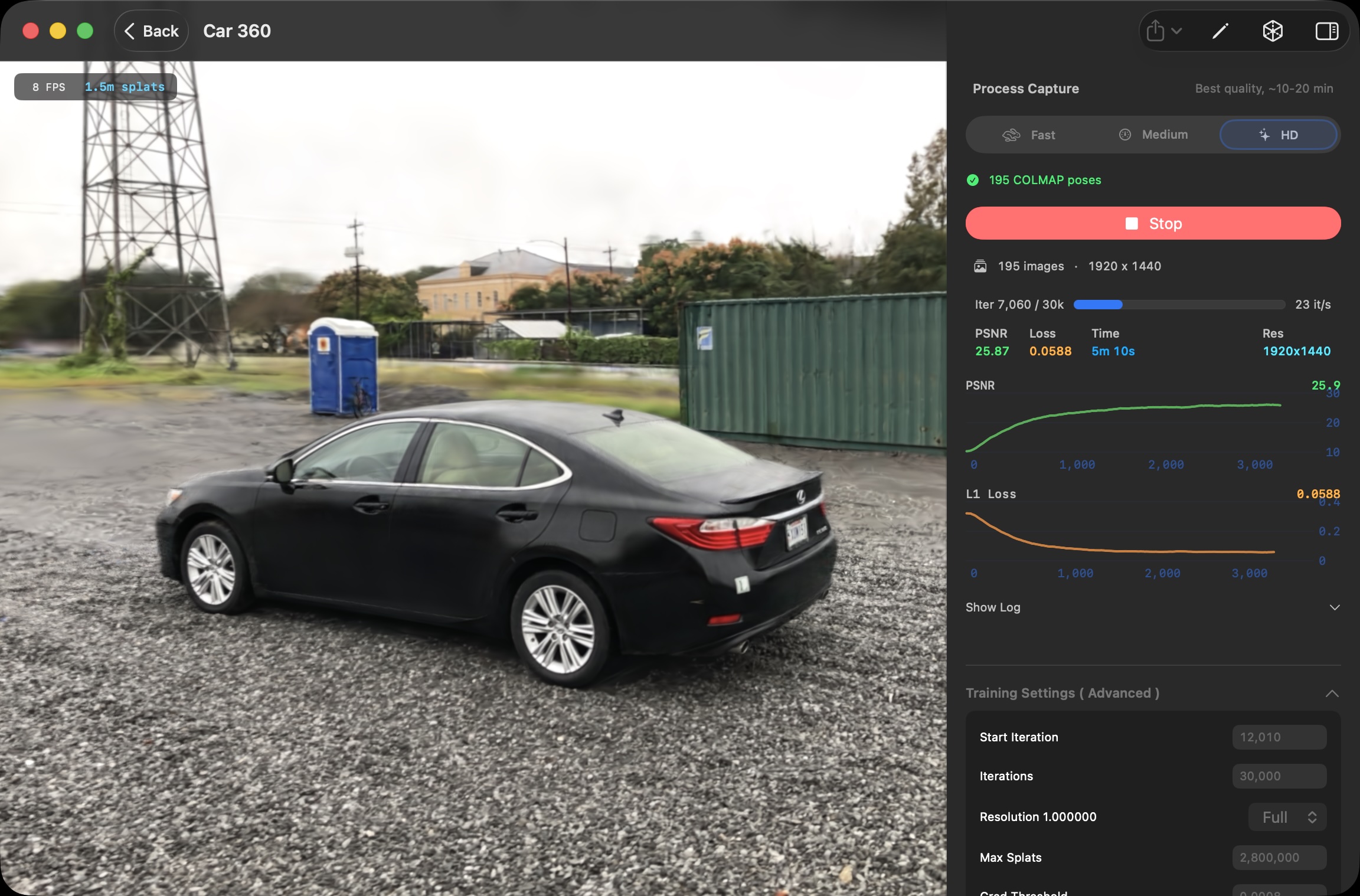 3D Splat App screenshot showing a Gaussian splat training process from imported photos or video