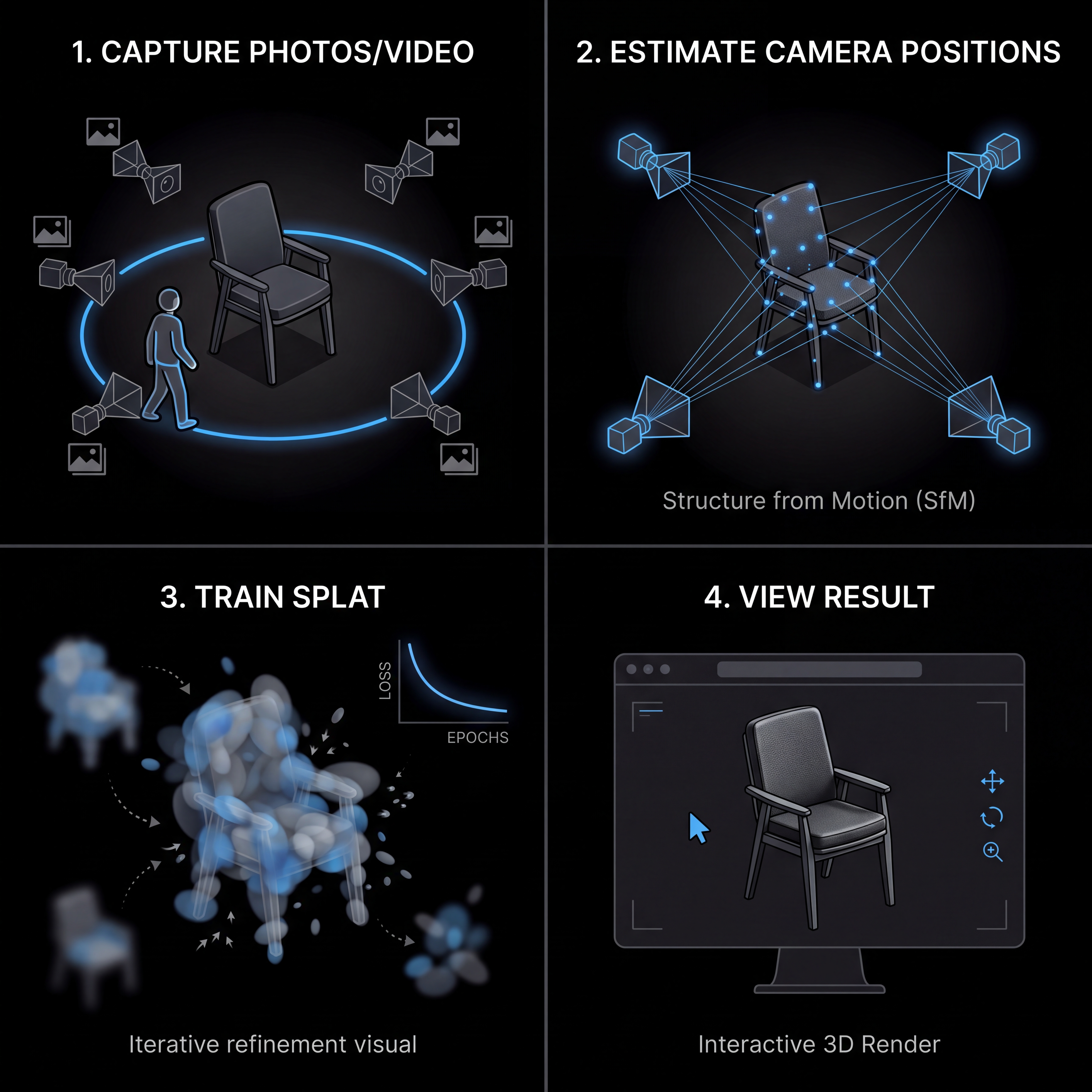 Workflow diagram showing four steps: capture photos or video, estimate camera positions, train the Gaussian splat, view the interactive result