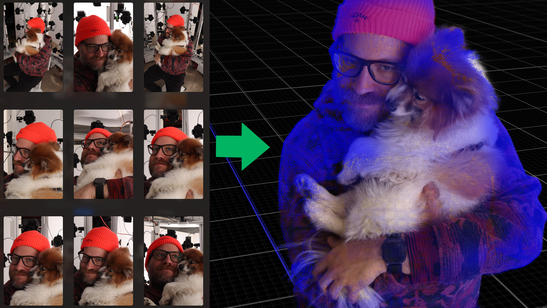 Side-by-side comparison: input photos on the left, interactive 3D Gaussian splat scene on the right