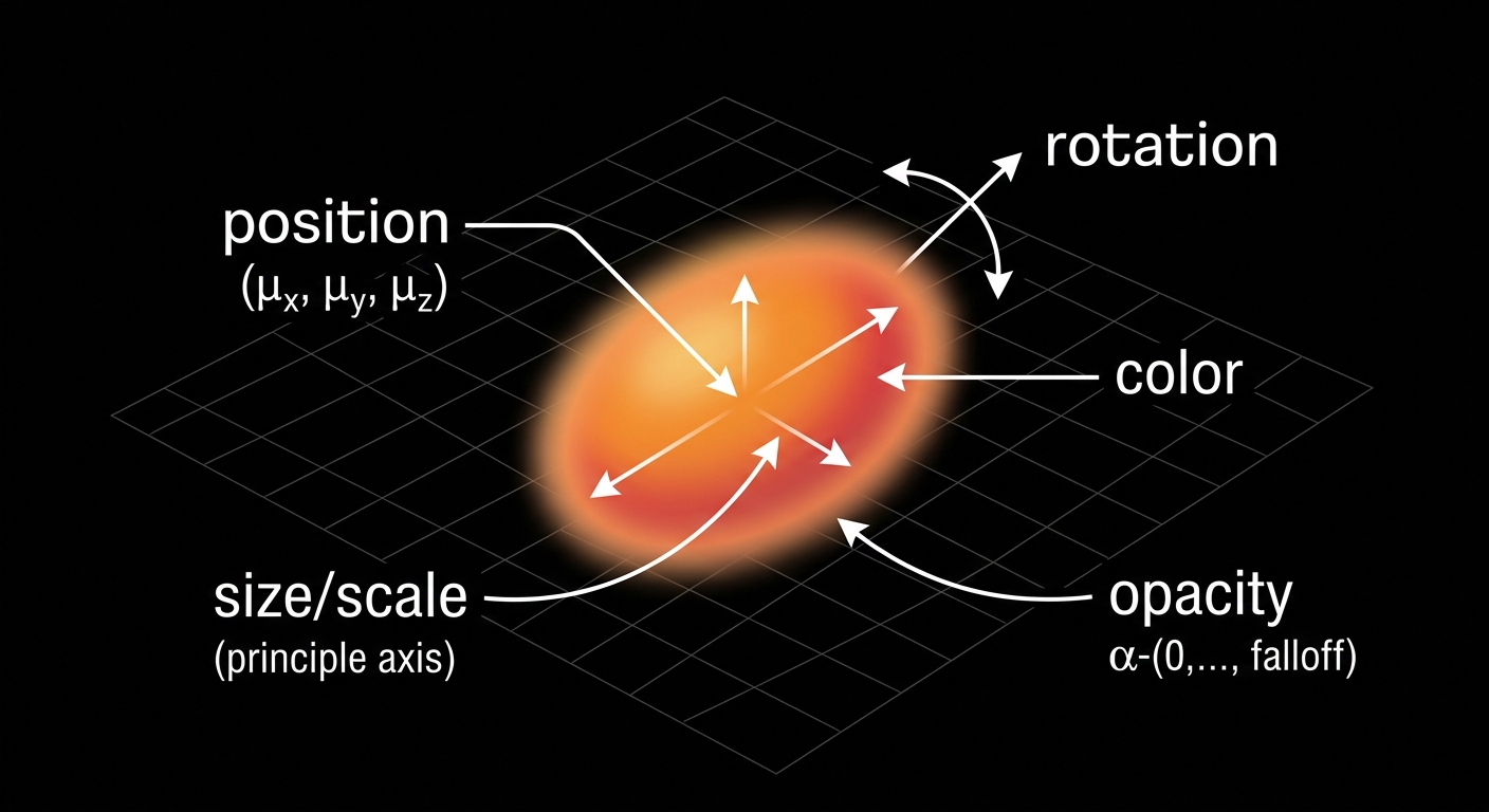 Illustration of a single Gaussian splat as a soft, colored 3D ellipsoid with labeled properties: position, color, opacity, and size
