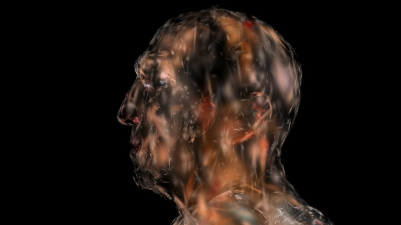 Animation showing individual Gaussian splats gradually accumulating to form a photorealistic human face