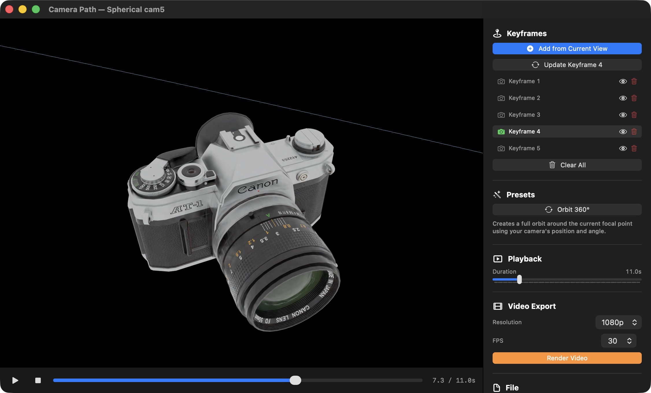 Camera path editor showing keyframes and video export controls