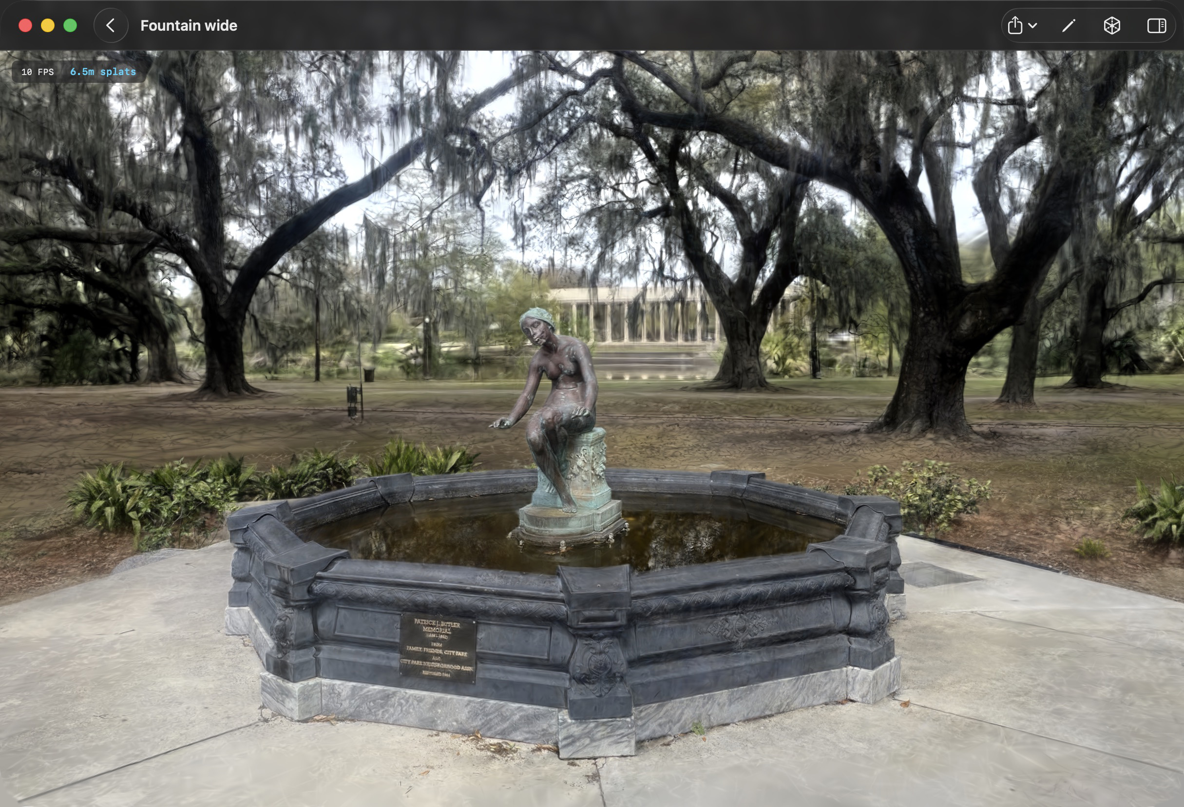 Gaussian splat scene of a fountain rendered in 3D Splat App