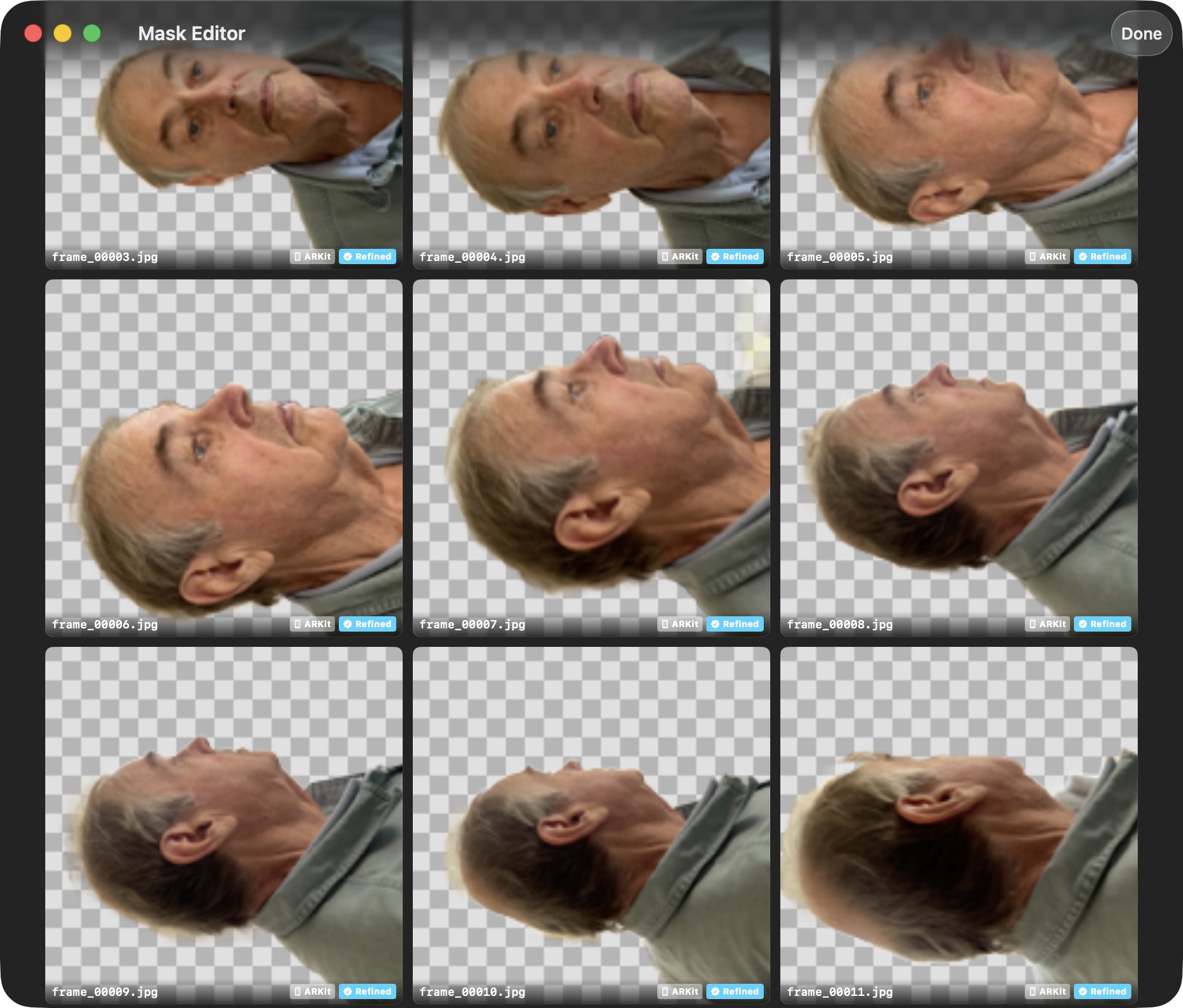 Grid of auto-generated person masks across all frames